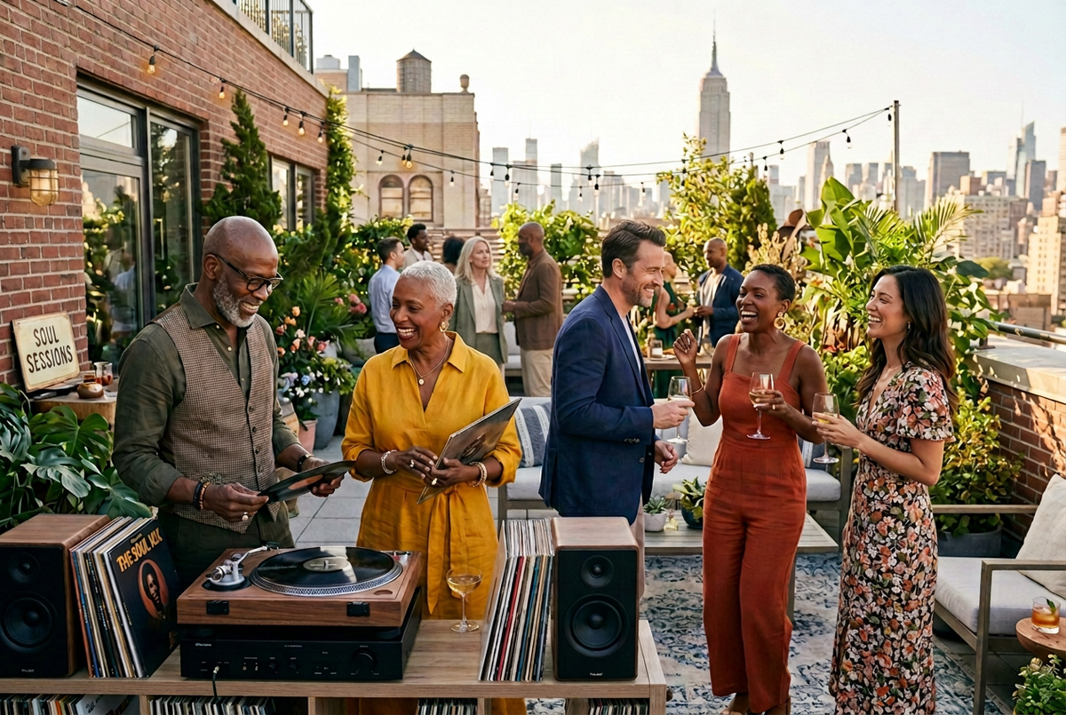 Rooftop gathering with the specified background guest replaced by a mature woman